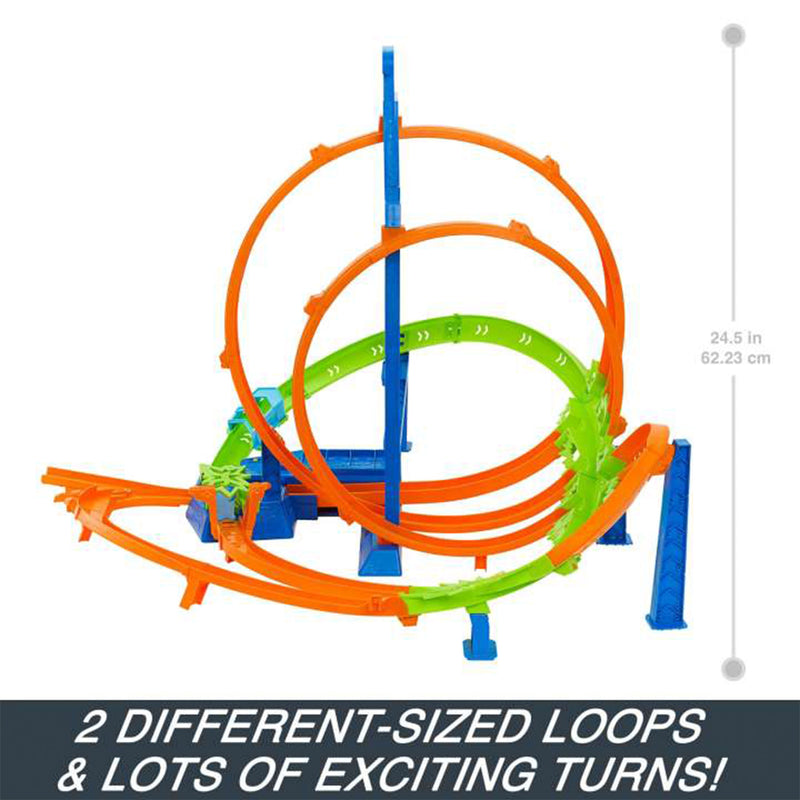 Hot Wheels Track Set with 5 Crash Zones, Motorized Booster, 1 Car, and 2 Loops