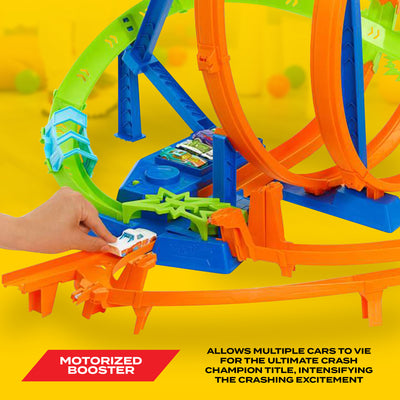 Hot Wheels Track Set with 5 Crash Zones, Motorized Booster, 1 Car, and 2 Loops