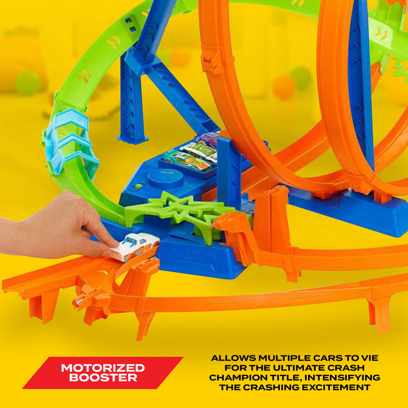 Hot Wheels Track Set with 5 Crash Zones, Motorized Booster, 1 Car, and 2 Loops