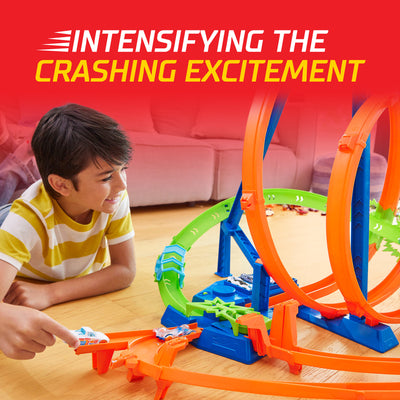 Hot Wheels Track Set with 5 Crash Zones, Motorized Booster, 1 Car, and 2 Loops