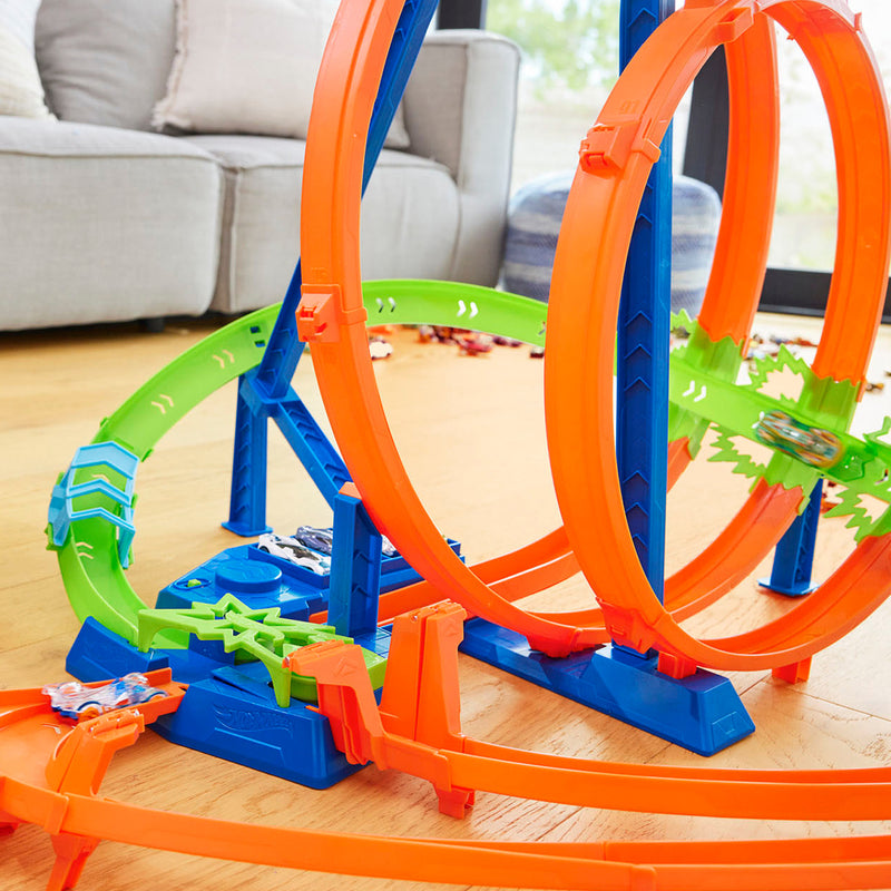 Hot Wheels Track Set with 5 Crash Zones, Motorized Booster, 1 Car, and 2 Loops