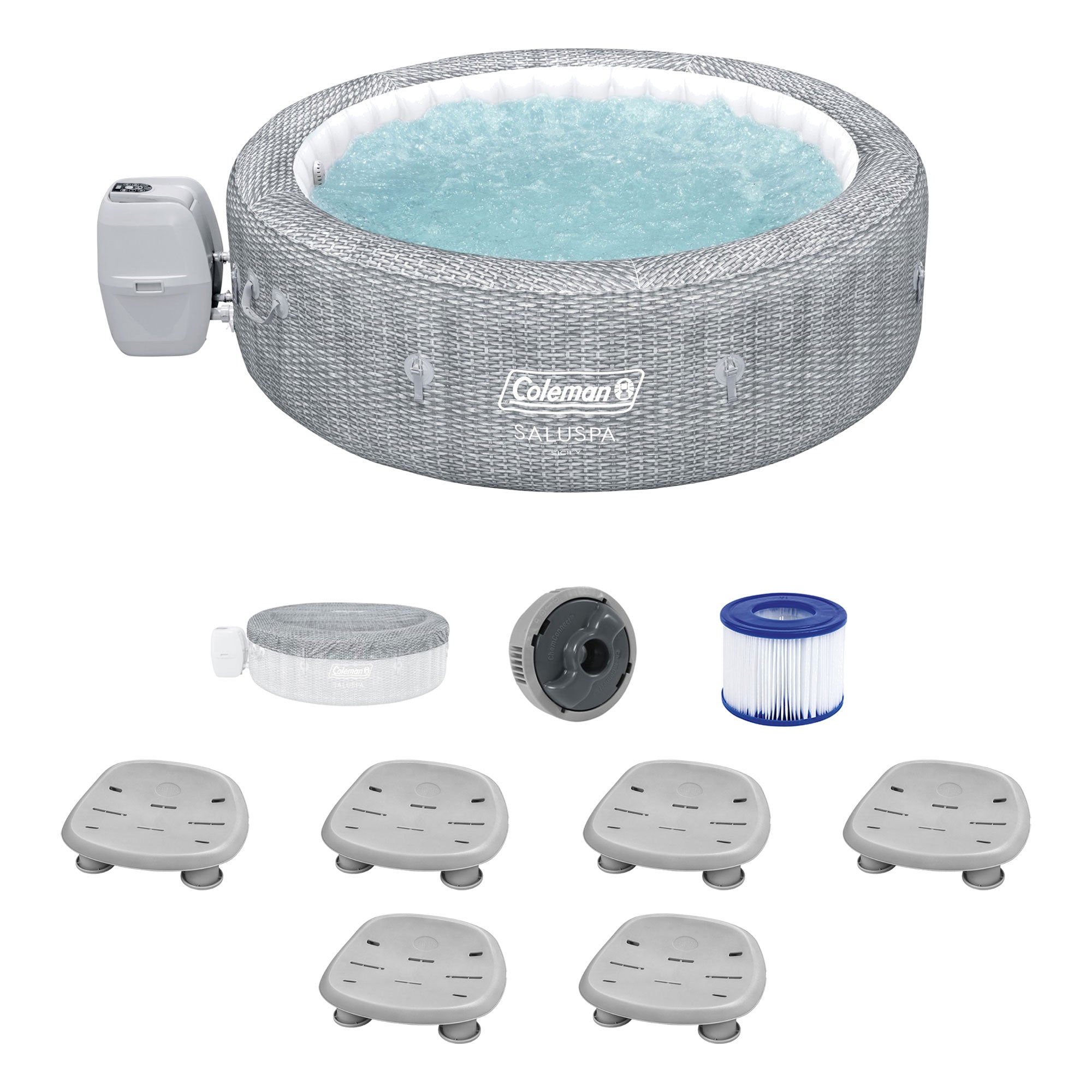 Coleman SaluSpa Sicily AirJet Hot Tub w/Set of 6 Bestway Pool & Spa Seat, Gray
