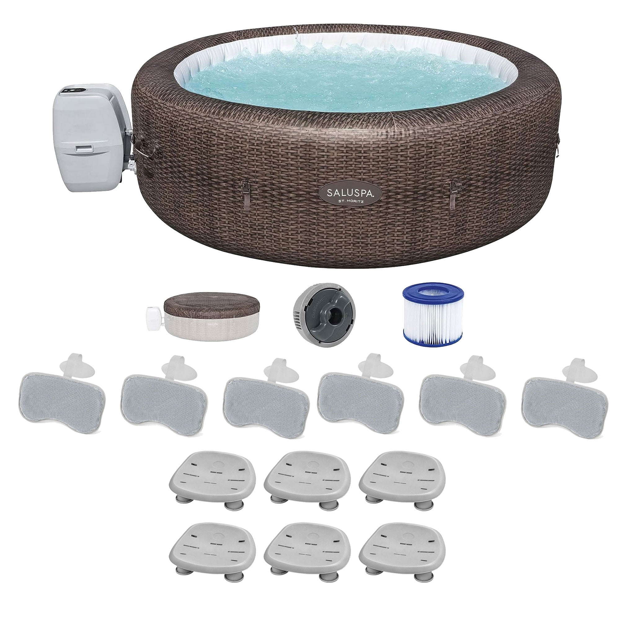 Bestway SaluSpa St Moritz Hot Tub w/Set of 6 Spa Seat & 6 Padded Pillows, Brown