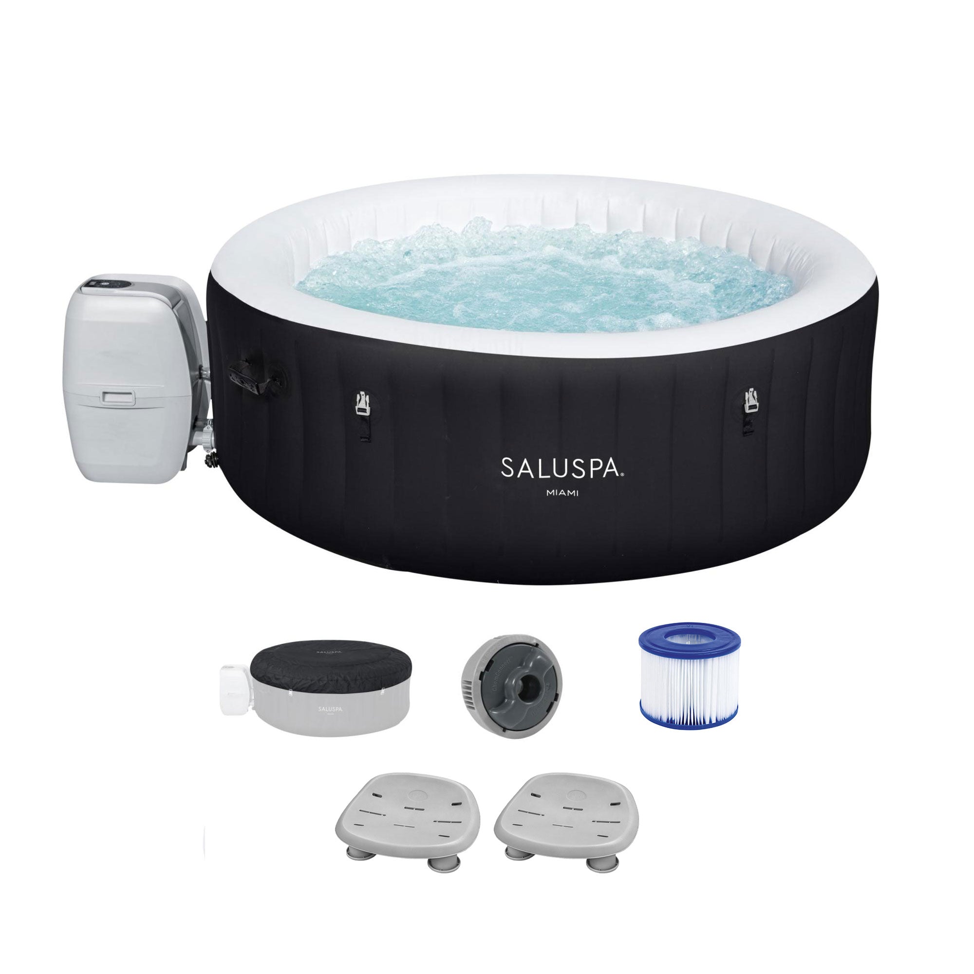 Bestway Miami SaluSpa Hot Tub with Set of 2 Non Slip Pool and Spa Seat, Black