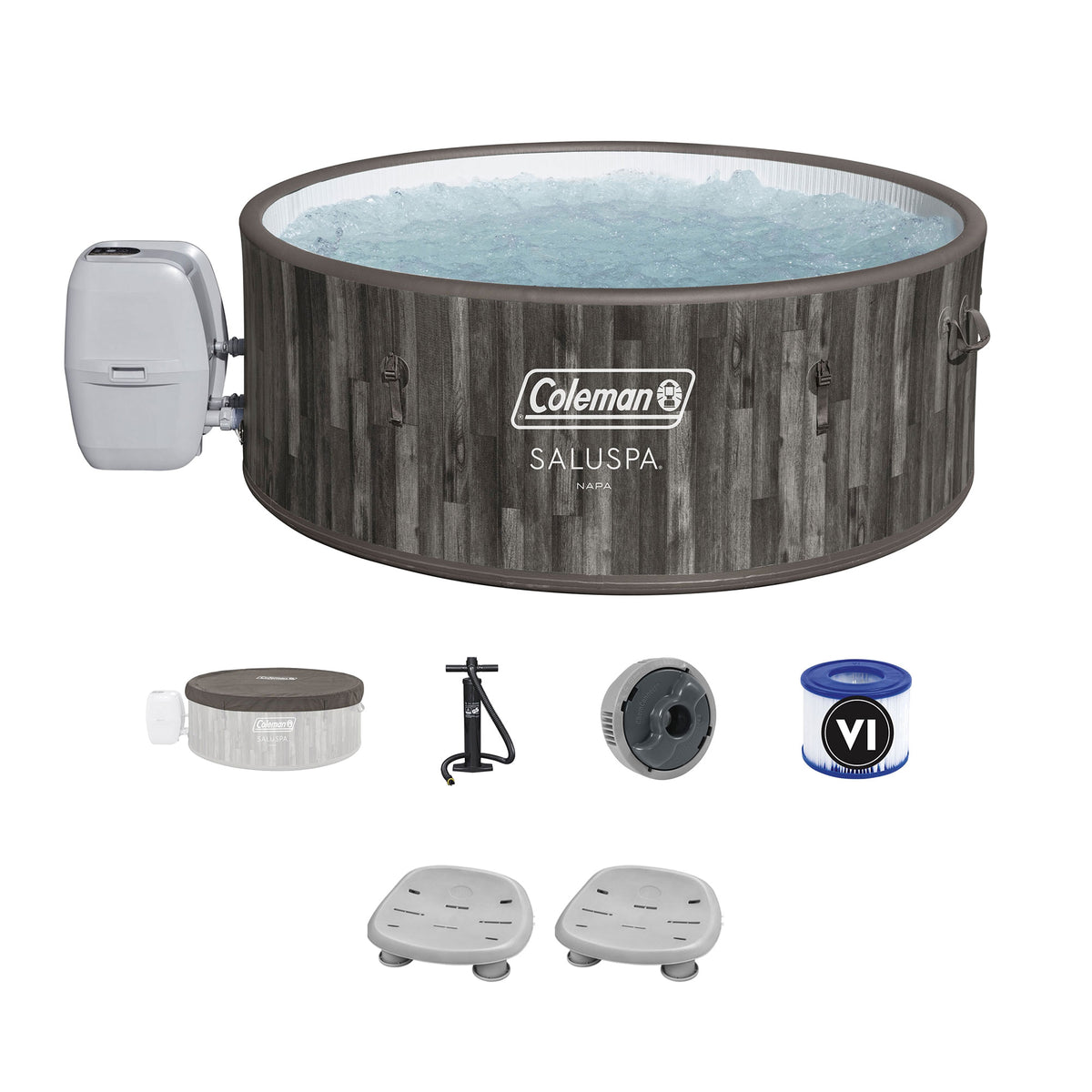 Coleman Napa SaluSpa AirJet Hot Tub with 2 Bestway Pool & Spa Seat, Gray Wood