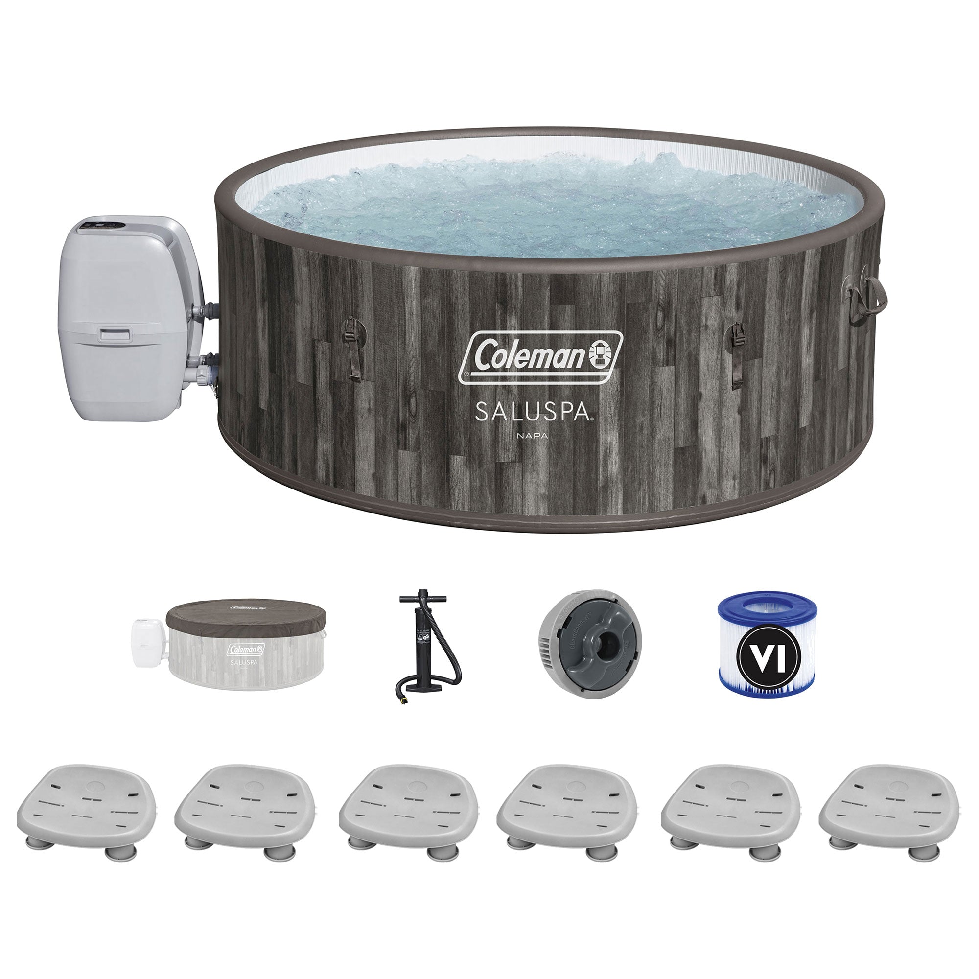 Coleman Napa SaluSpa AirJet Hot Tub with 6 Bestway Pool & Spa Seat, Gray Wood
