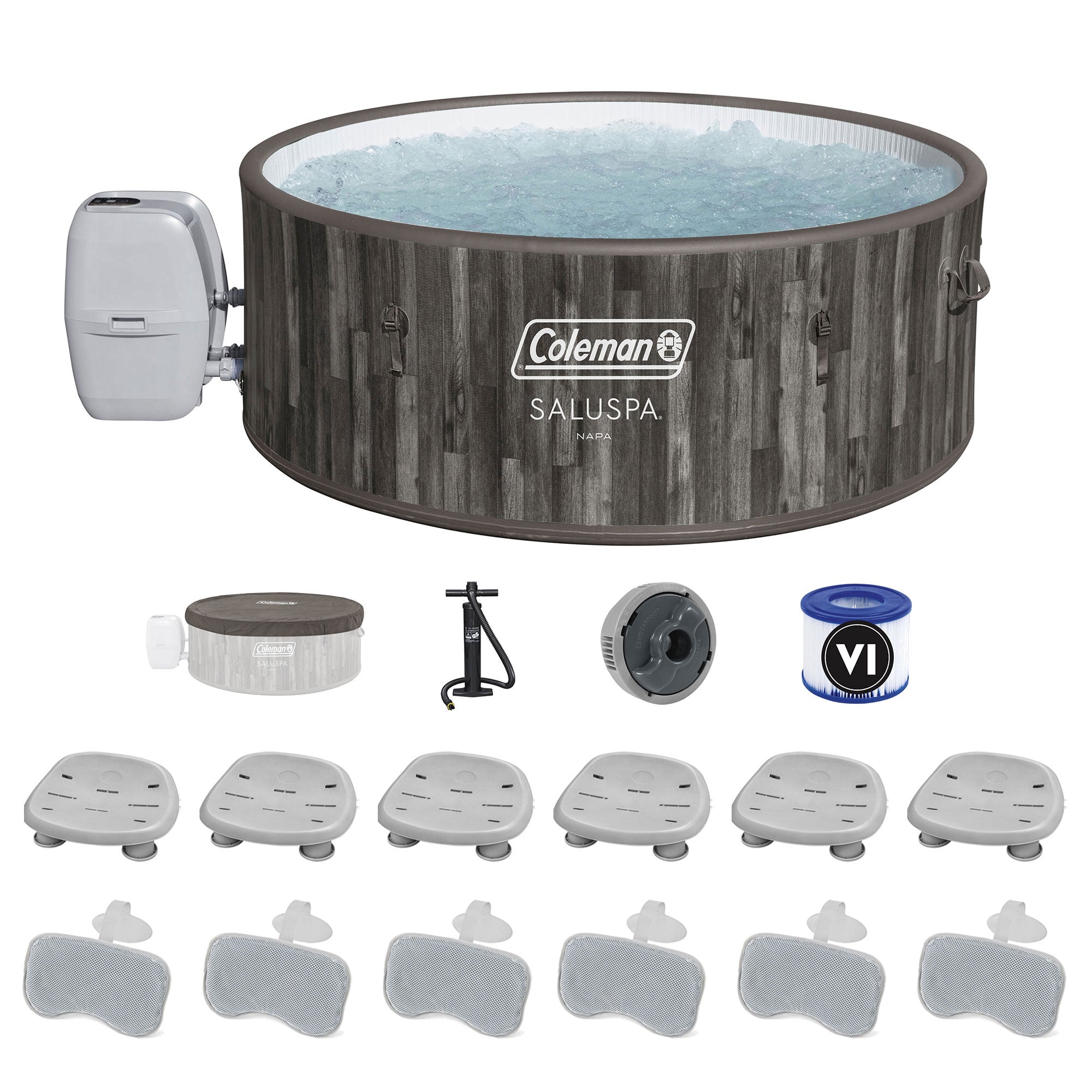 Coleman SaluSpa Hot Tub with 6-Pack Bestway SaluSpa Seat & 6 Headrest Pillows - VMInnovations