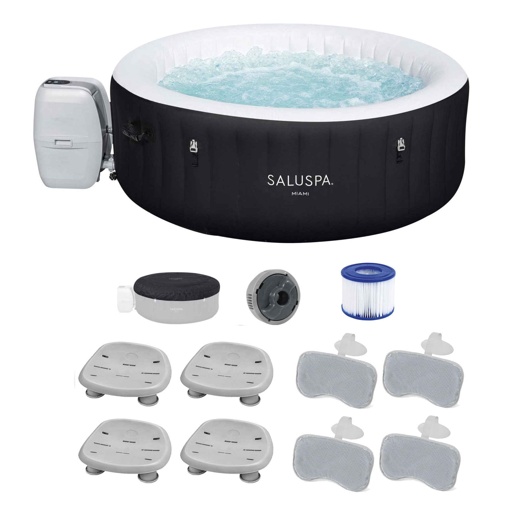 Bestway Miami SaluSpa Hot Tub w/Set of 4 Spa Seats and 4 Padded Headrest Pillows - VMInnovations