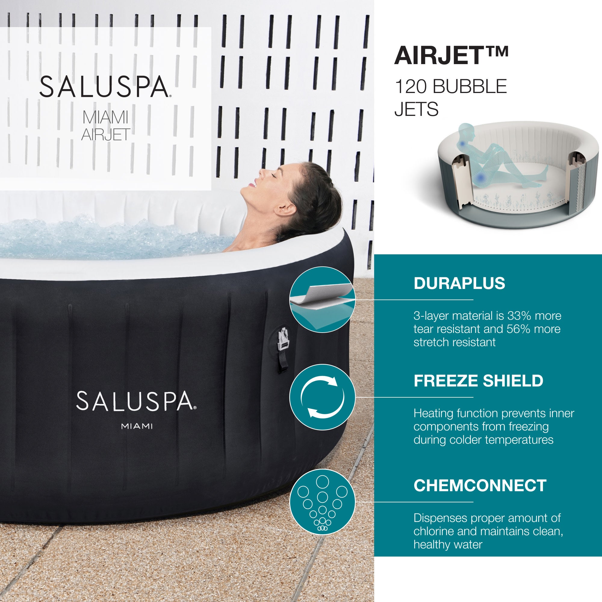 Bestway Miami SaluSpa Hot Tub w/Set of 4 Spa Seats and 4 Padded Headrest Pillows - VMInnovations