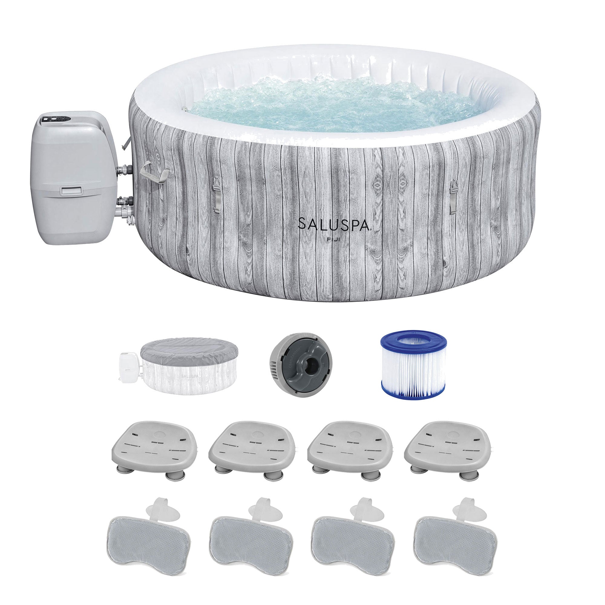 Bestway SaluSpa Fiji Hot Tub w/Set of 4 Spa Seat & 4 Pack Headrest Pillows, Gray