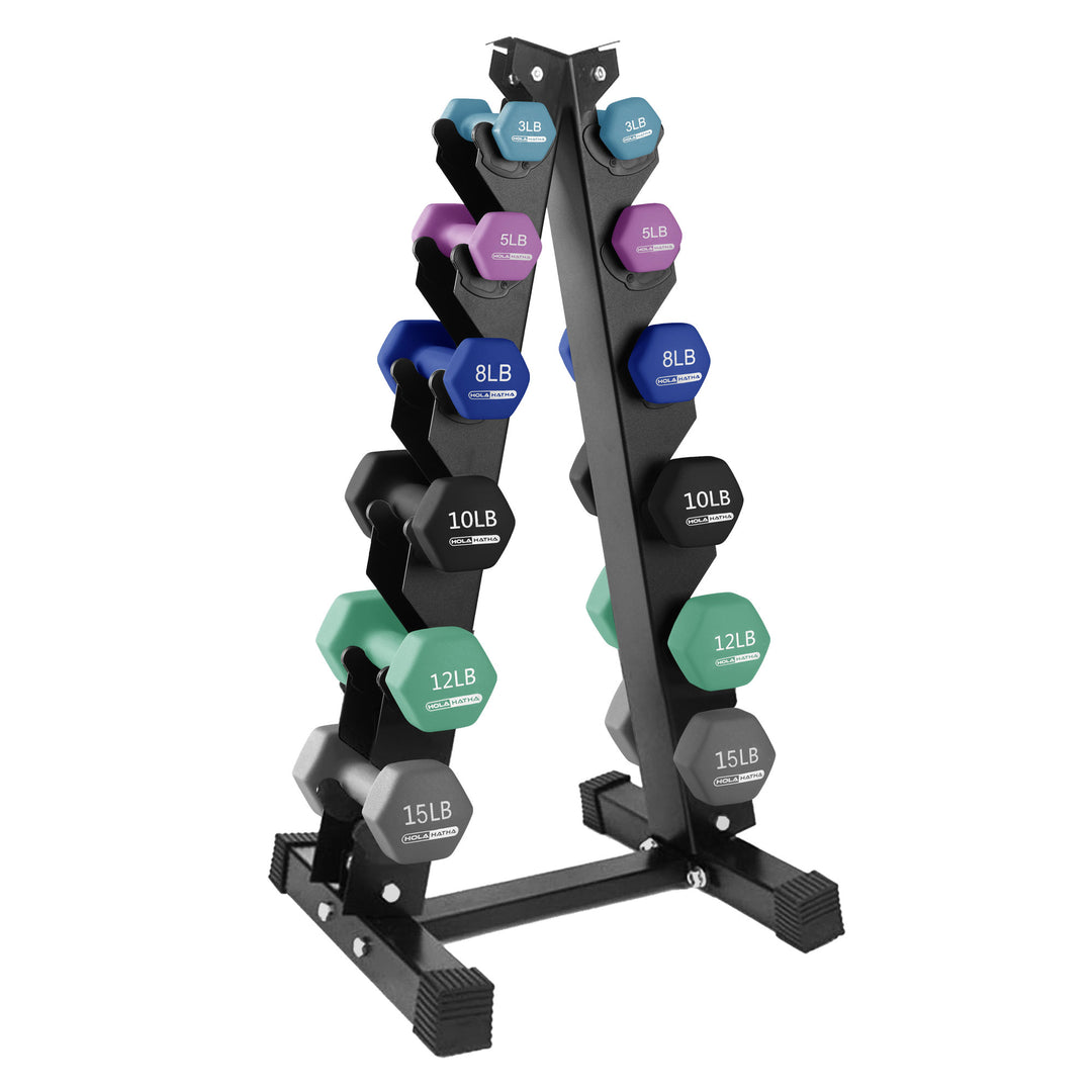 HolaHatha 3, 5, 8, 10, 12 & 15lb Neoprene Dumbbell Set w/Storage Rack (Used)