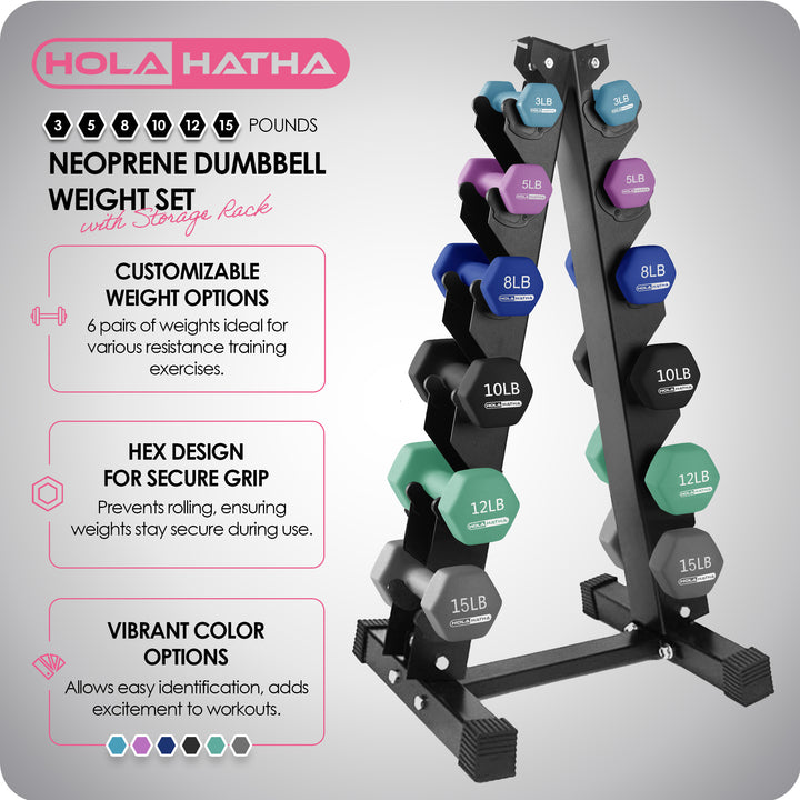 HolaHatha 3, 5, 8, 10, 12 & 15 Pound Neoprene Dumbbell Weight Set w/Storage Rack