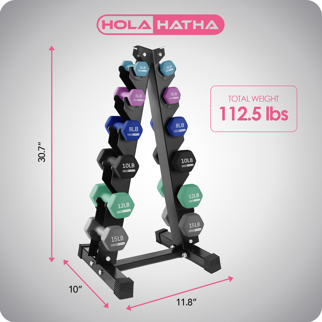 HolaHatha 3, 5, 8, 10, 12 & 15lb Neoprene Dumbbell Set w/Storage Rack (Used)