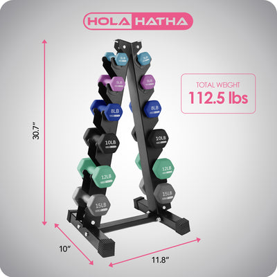 HolaHatha 3, 5, 8, 10, 12 & 15lb Neoprene Dumbbell Set w/Storage Rack(For Parts)