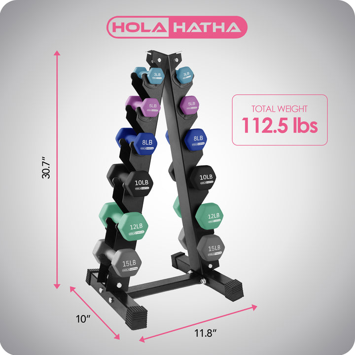 HolaHatha 3, 5, 8, 10, 12 & 15lbs Dumbbell Weight Set w/Storage Rack (Open Box)