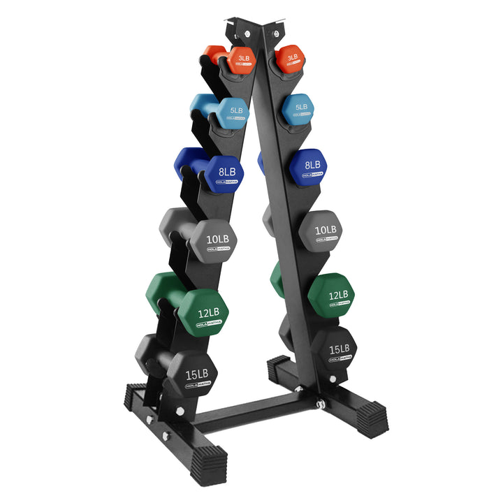 HolaHatha 3, 5, 8, 10, 12 & 15lb Neoprene Dumbbell Set w/Storage Rack (Used)