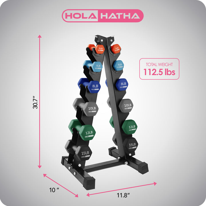 HolaHatha 3, 5, 8, 10, 12 & 15lb Neoprene Dumbbell Weight Set w/Rack (For Parts)