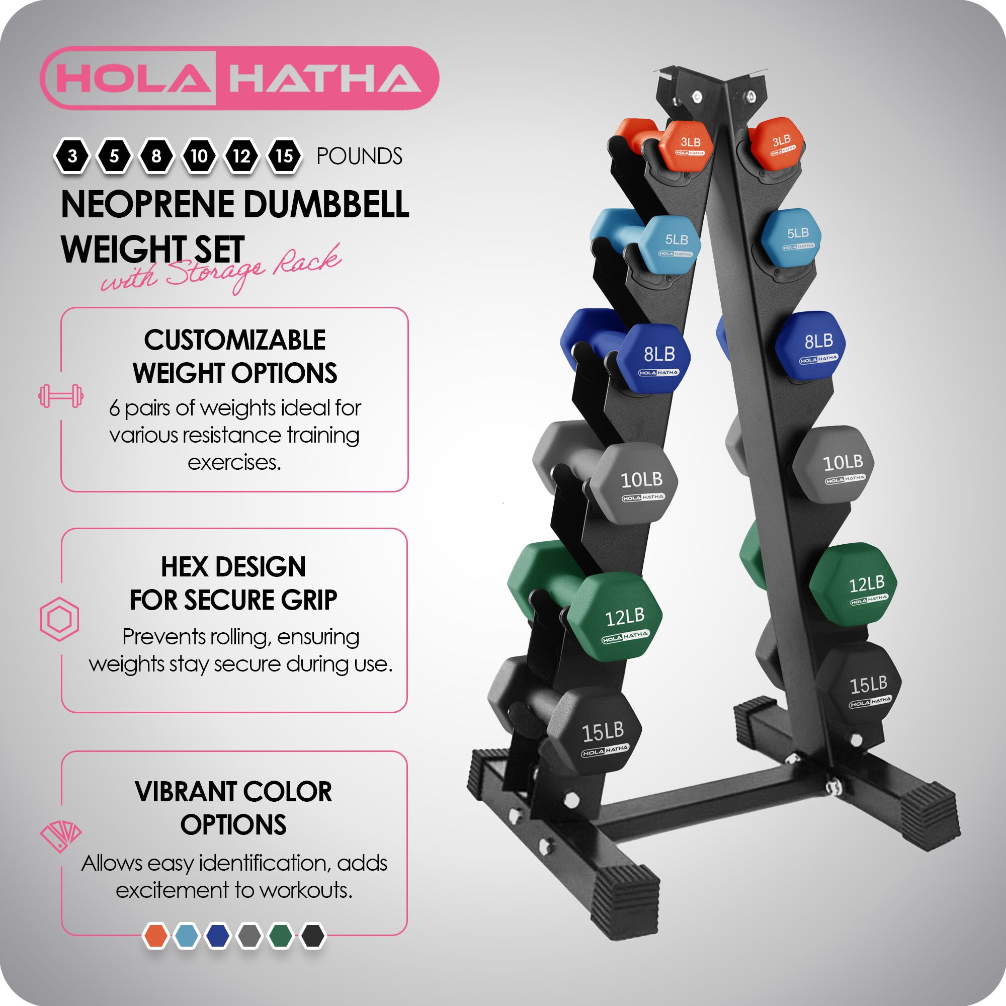 HolaHatha 3, 5, 8, 10, 12 & 15lb Neoprene Dumbbell Set w/Storage Rack (Used) - VMInnovations
