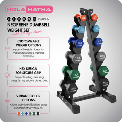 HolaHatha 3, 5, 8, 10, 12 & 15lb Neoprene Dumbbell Set w/Storage Rack (Used) - VMInnovations
