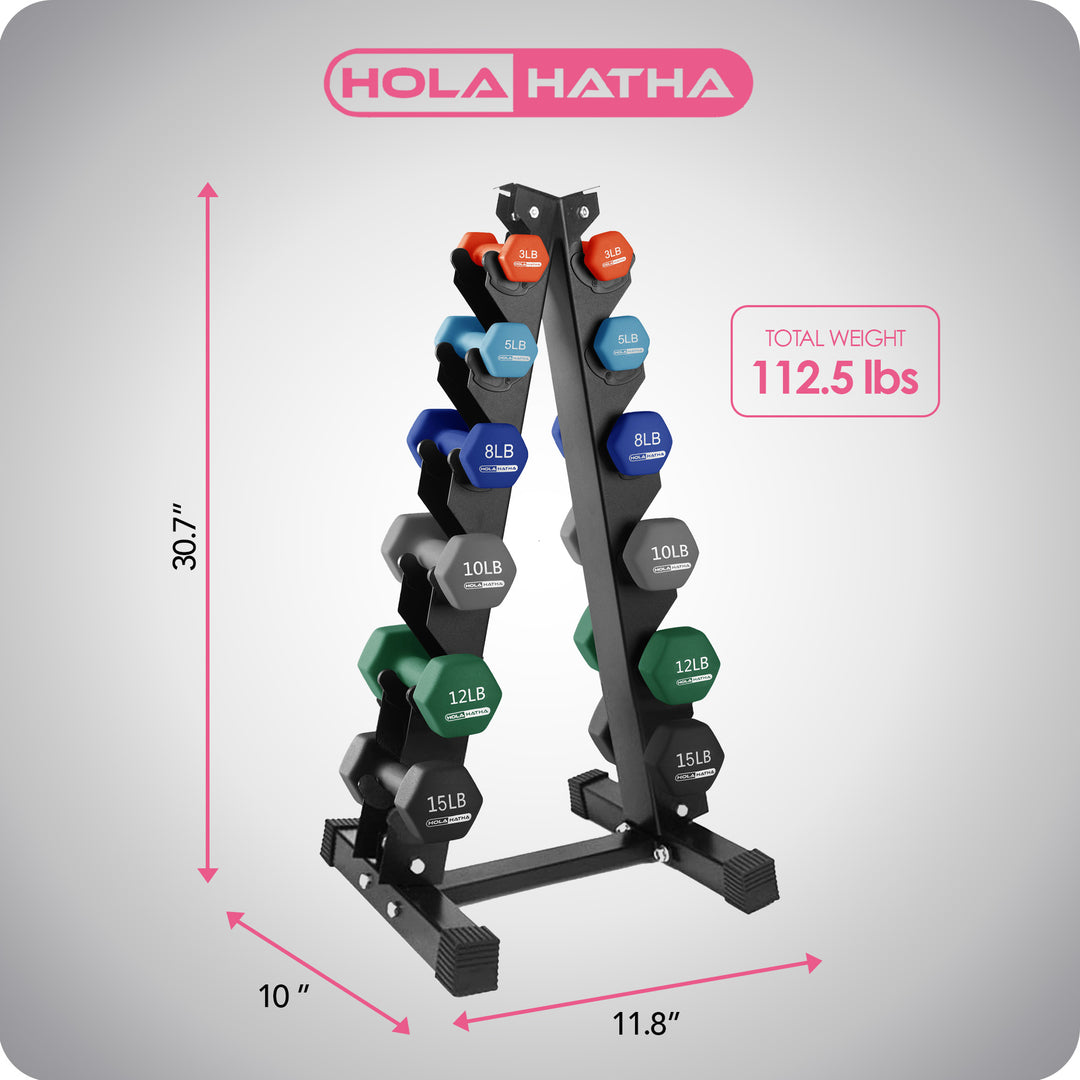 HolaHatha 3, 5, 8, 10, 12 & 15 Pound Neoprene Dumbbell Weight Set w/Storage Rack