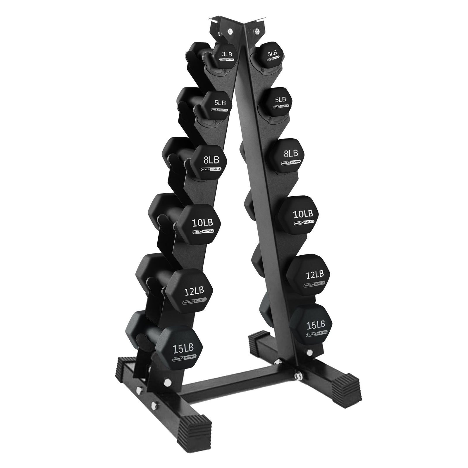 HolaHatha 3, 5, 8, 10, 12 & 15 Pound Neoprene Dumbbell Weight Set w/Storage Rack - VMInnovations