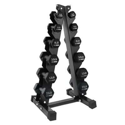 HolaHatha 3, 5, 8, 10, 12 & 15lb Neoprene Dumbbell Set w/Storage Rack (Used) - VMInnovations
