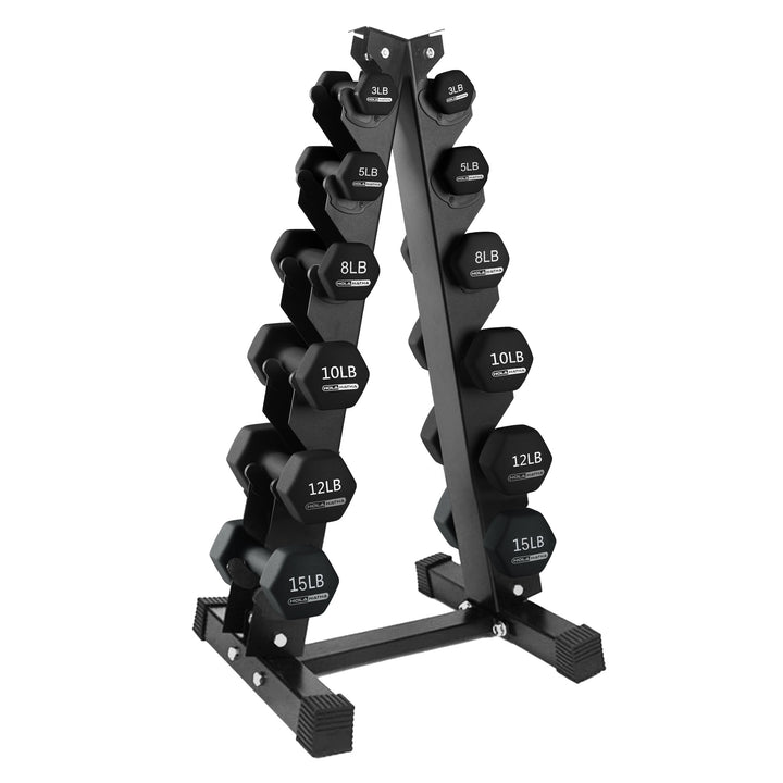 HolaHatha 3, 5, 8, 10, 12 & 15lb Neoprene Dumbbell Set w/Storage Rack (Used)