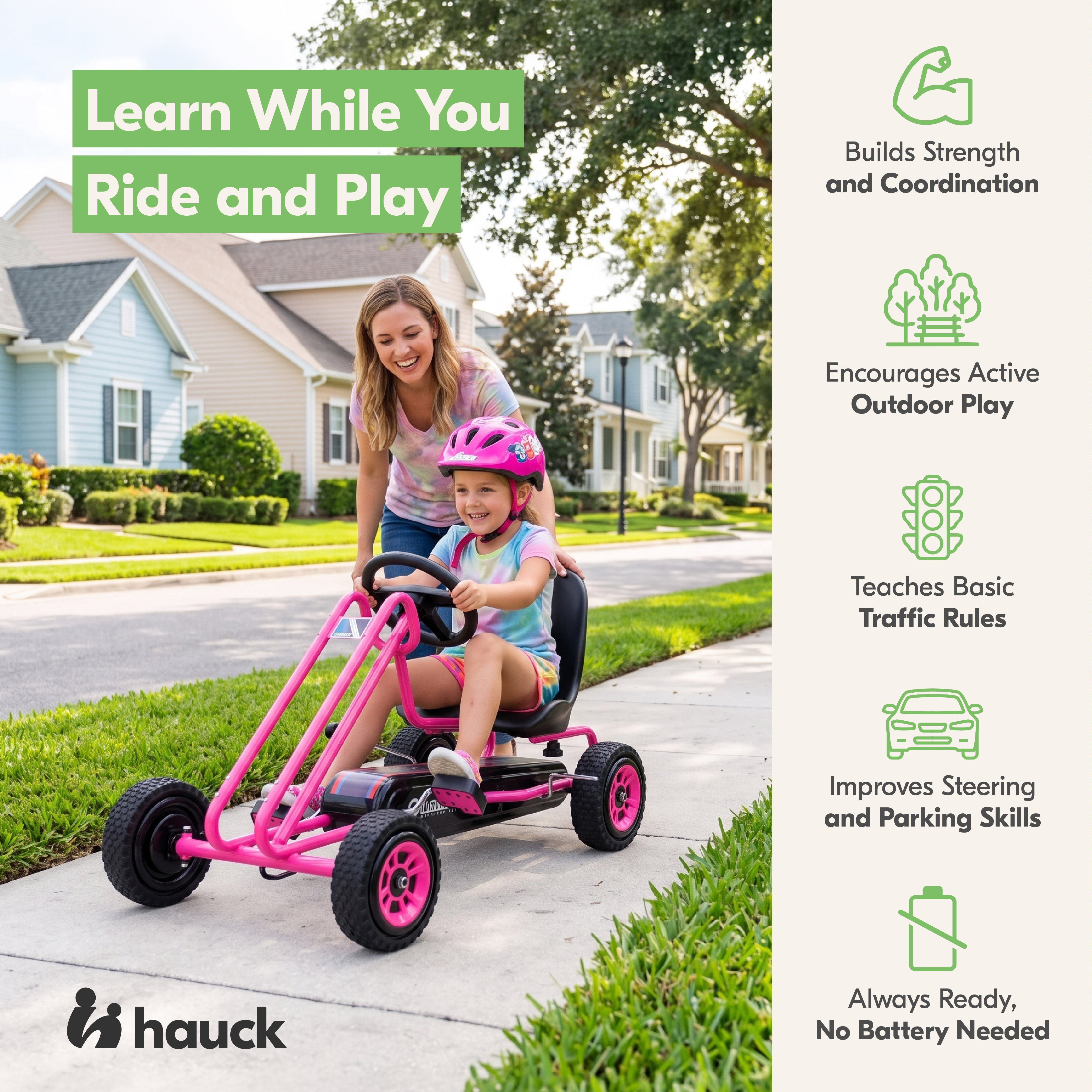 hauck Ergonomic Pedal Ride On Go Kart Toys for Boys and Girls Ages 4 to 8, Pink - VMInnovations