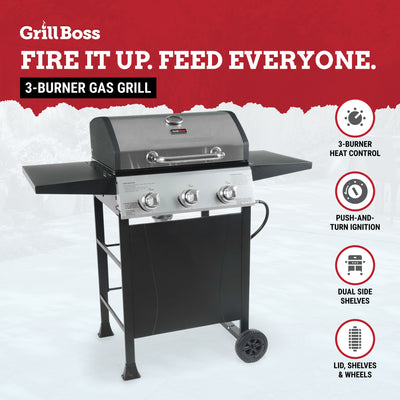 Grill Boss 27,000 BTU 3 Burner Propane Gas Grill w/Wheels, Cover, & Side Shelves