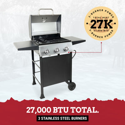 Grill Boss 27,000 BTU 3 Burner Propane Gas Grill w/Wheels, Cover, & Side Shelves