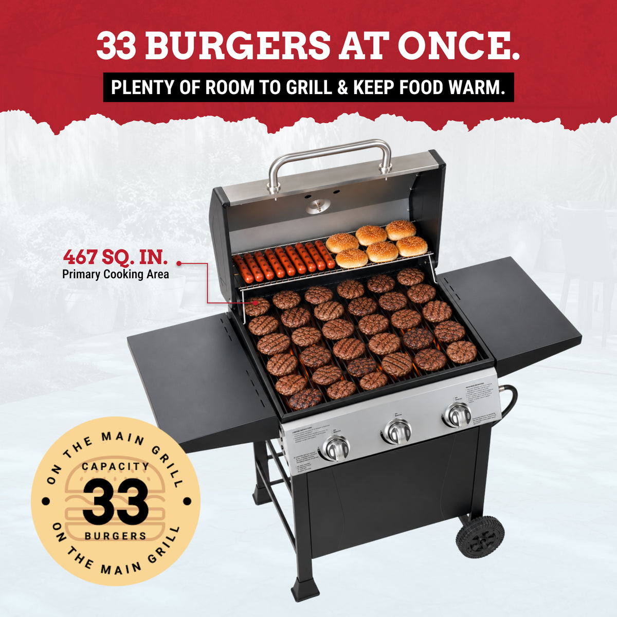 Grill Boss 27,000 BTU 3 Burner Propane Gas Grill w/Wheels, Cover, & Side Shelves
