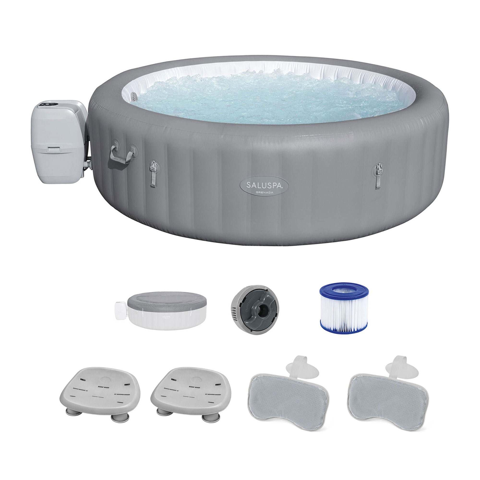 Bestway SaluSpa Grenada Hot Tub w/Set of 2 Spa Seat and Padded Pillows, Gray - VMInnovations