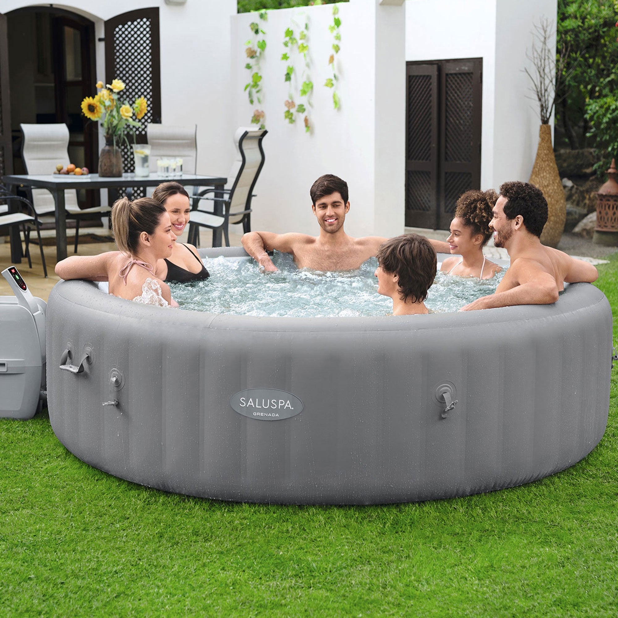 Bestway SaluSpa Grenada Hot Tub w/Set of 2 Spa Seat and Padded Pillows, Gray