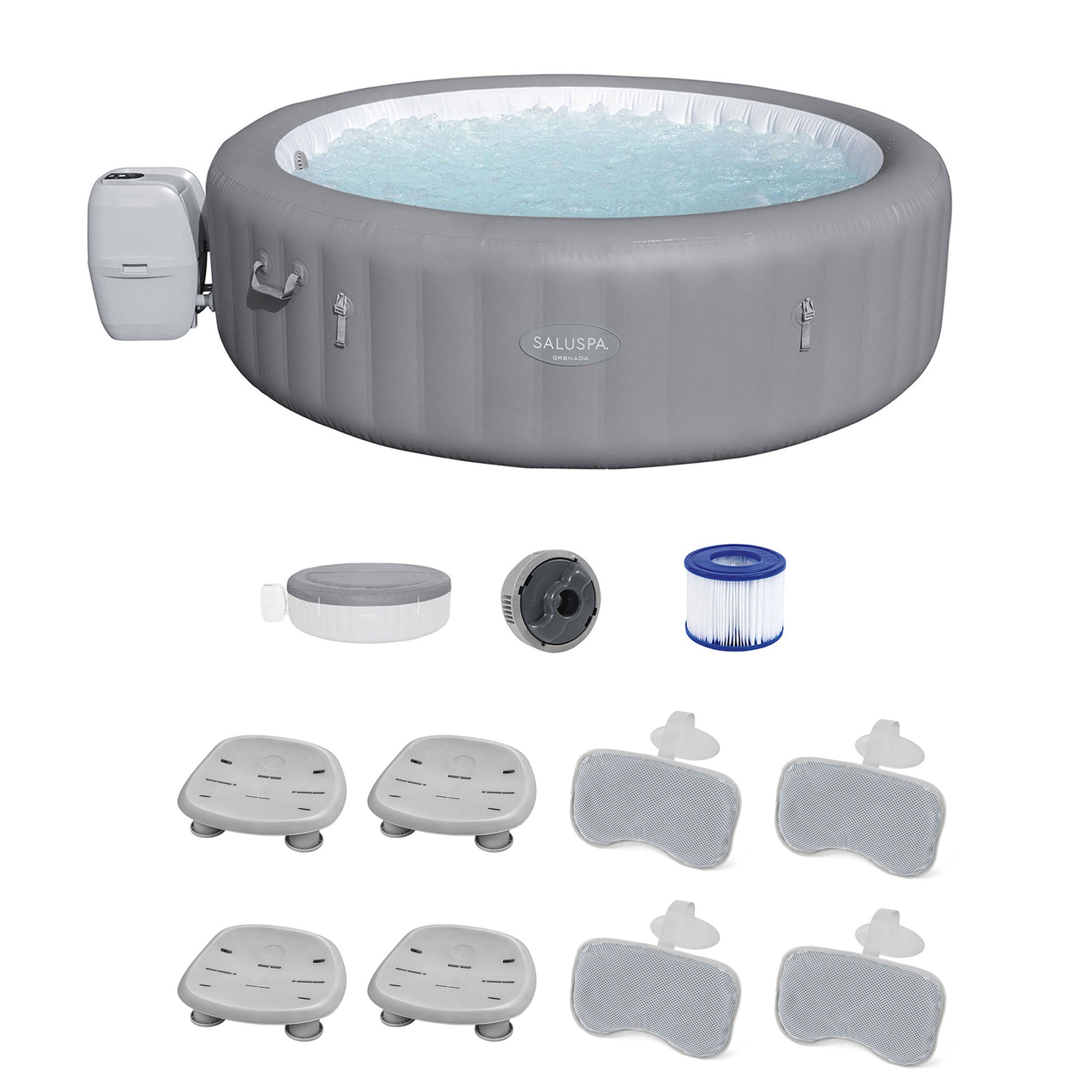 Bestway SaluSpa Grenada Hot Tub w/Set of 4 Spa Seat & 2 Pack Padded Pillows