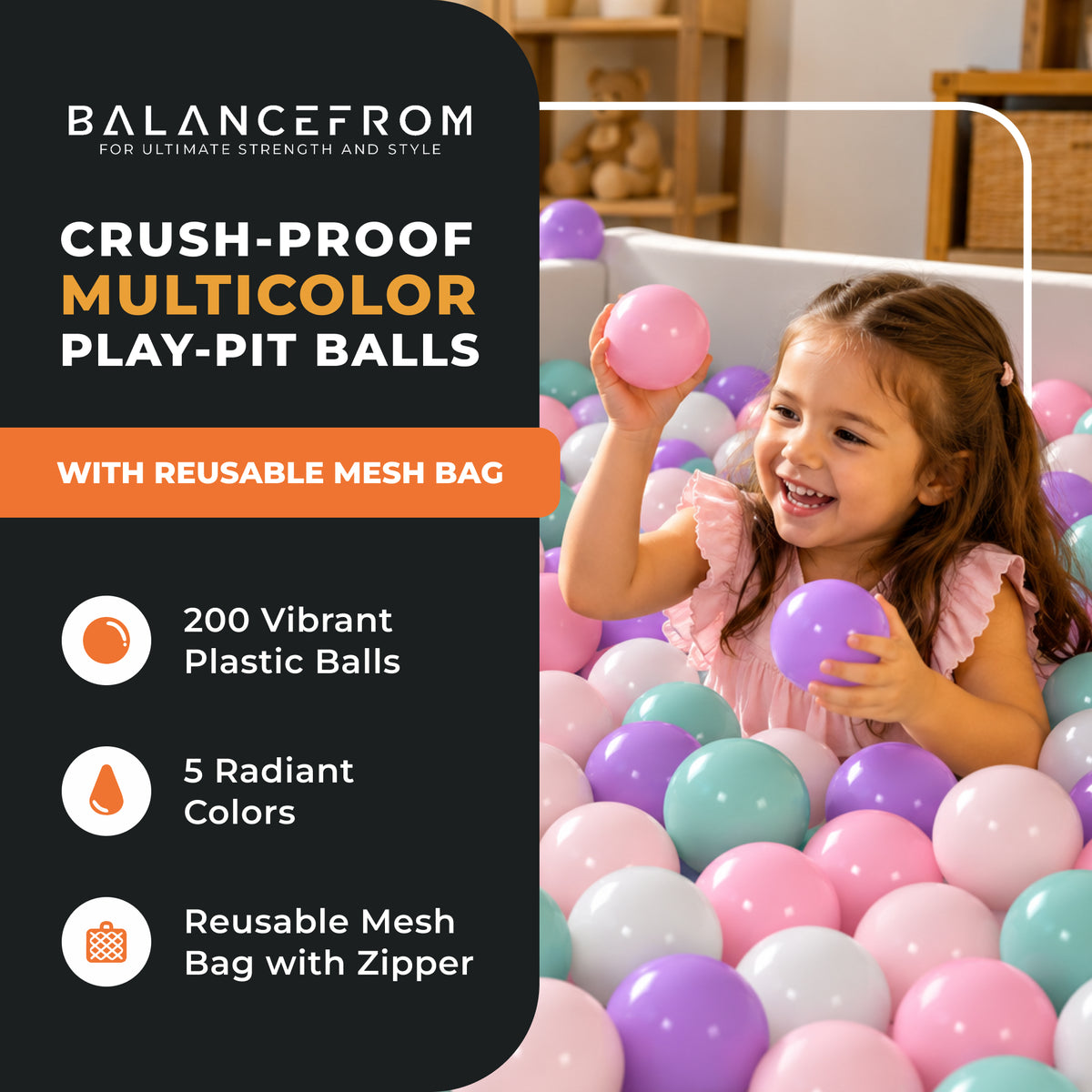 BalanceFrom Fitness 2.3" Crush Proof Play Pit Balls w/Storage Bag, 200 Count