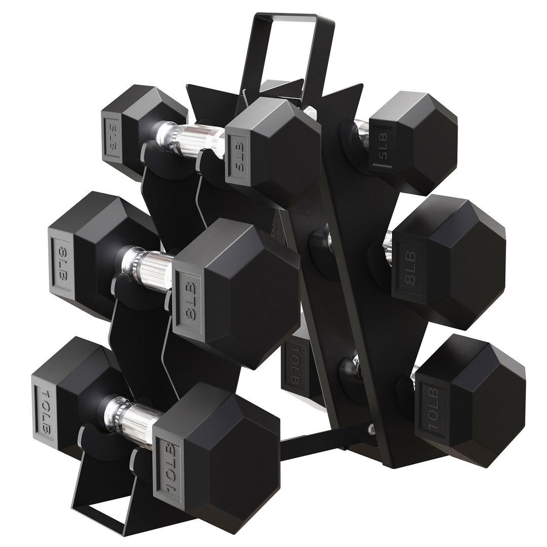 BalanceFrom Rubber Encased Hex Dumbbell Set, 5, 8 & 10 Pound Pairs w/ Metal Rack