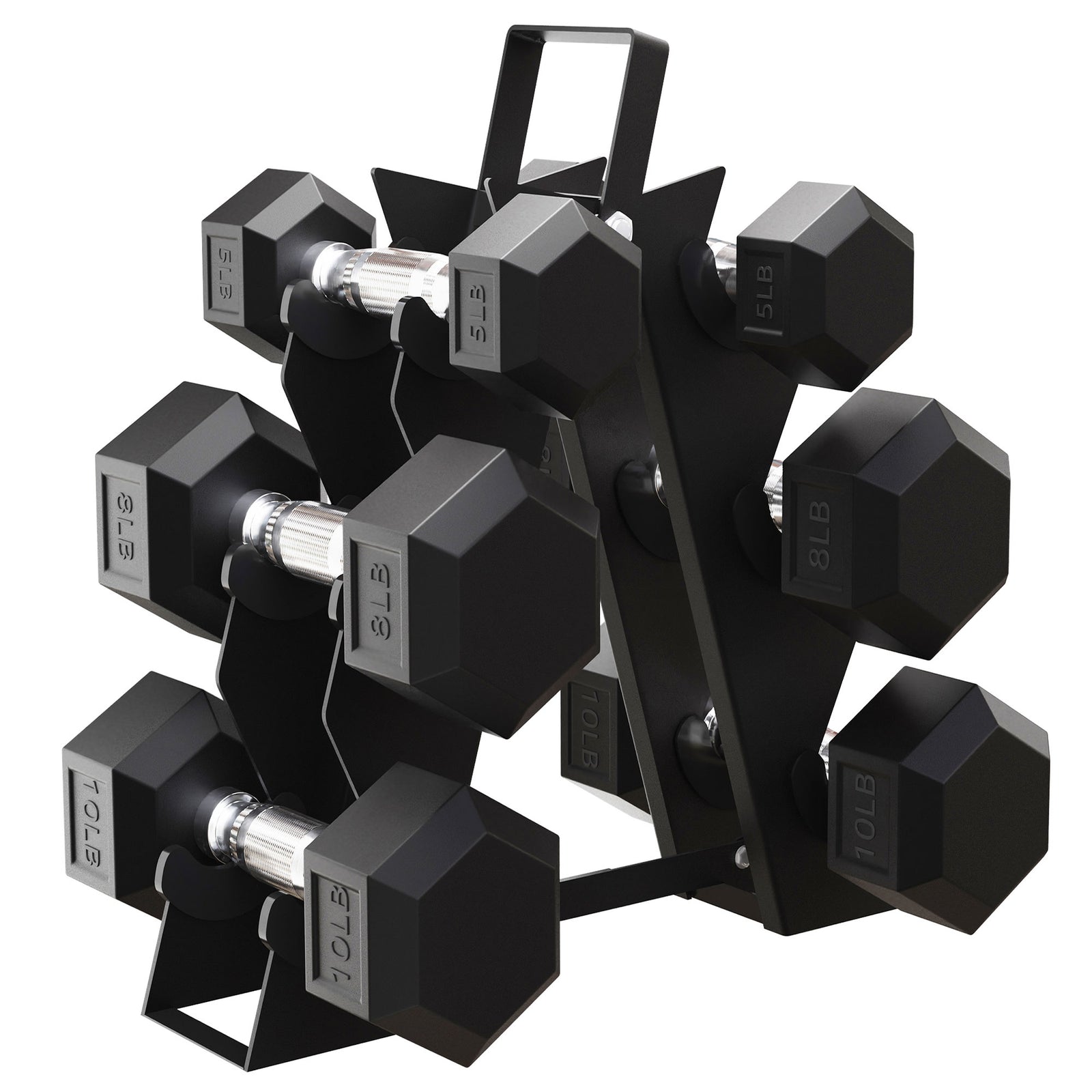 BalanceFrom Rubber Encased Hex Dumbbell Set, 5, 8 & 10 Pound Pairs w/ Metal Rack - VMInnovations