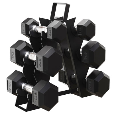 BalanceFrom Rubber Encased Hex 5, 8, and 10 Pound Dumbbell Pairs with Metal Rack