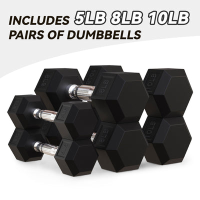 BalanceFrom Rubber Encased Hex 5, 8, and 10 Pound Dumbbell Pairs with Metal Rack