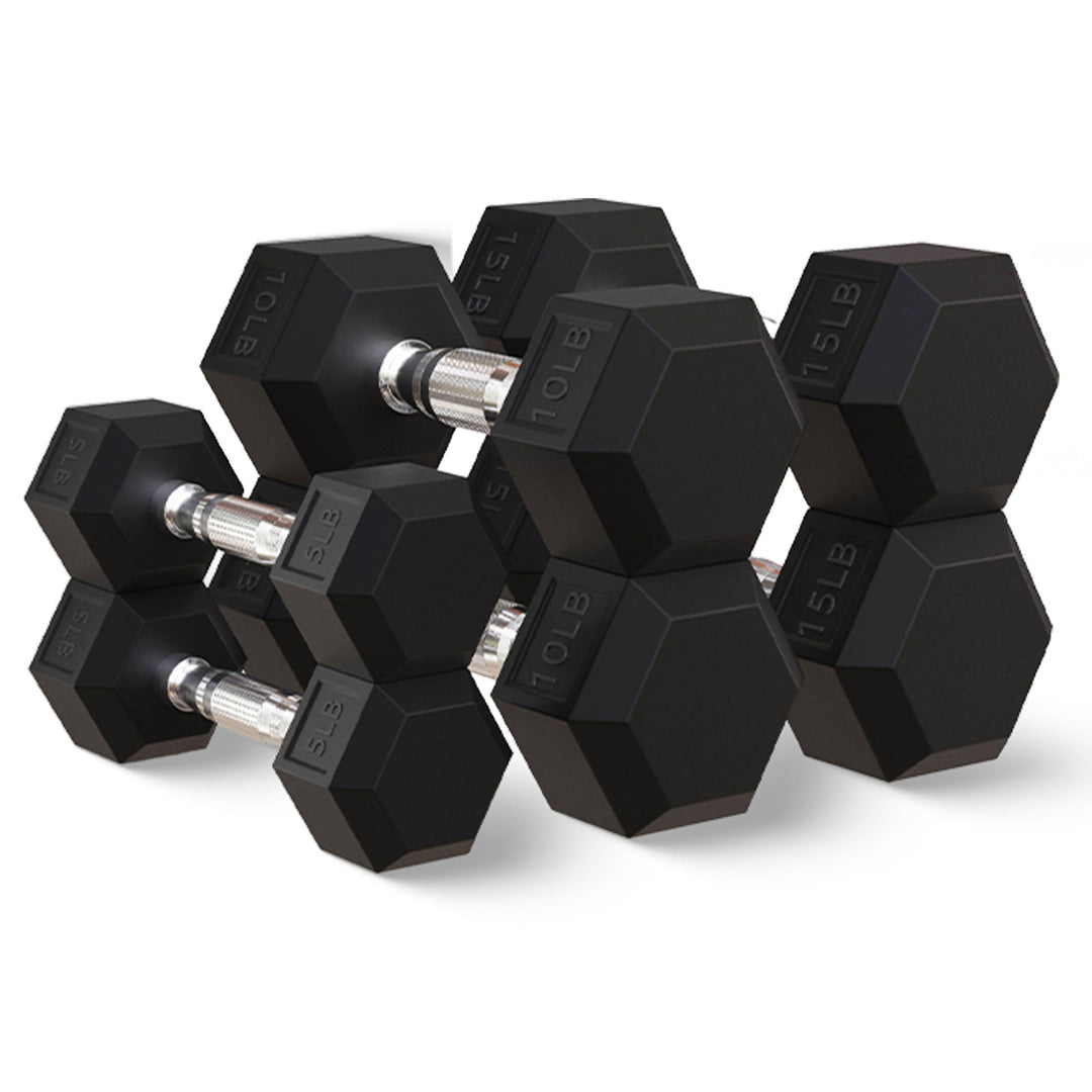 BalanceFrom Rubber Encased Hex Dumbbell Set, 5, 8 & 10 Pound Pairs w/ Metal Rack