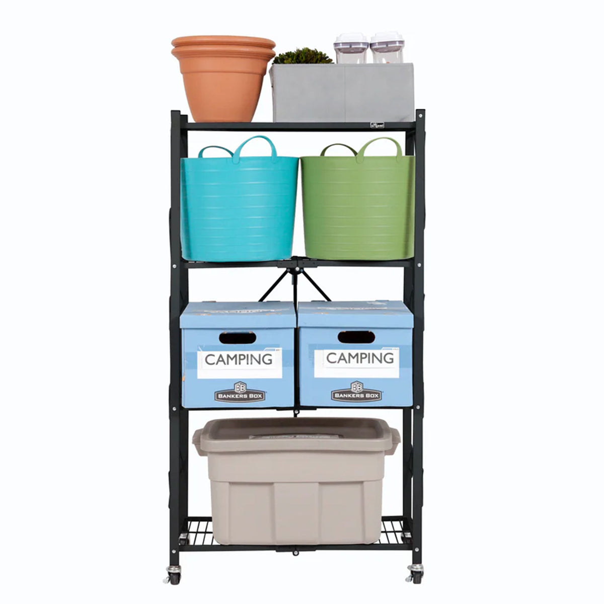 Origami 4 Tier Folding Storage Garage Shelving Unit Rolling Rack, 2 Pack, Black