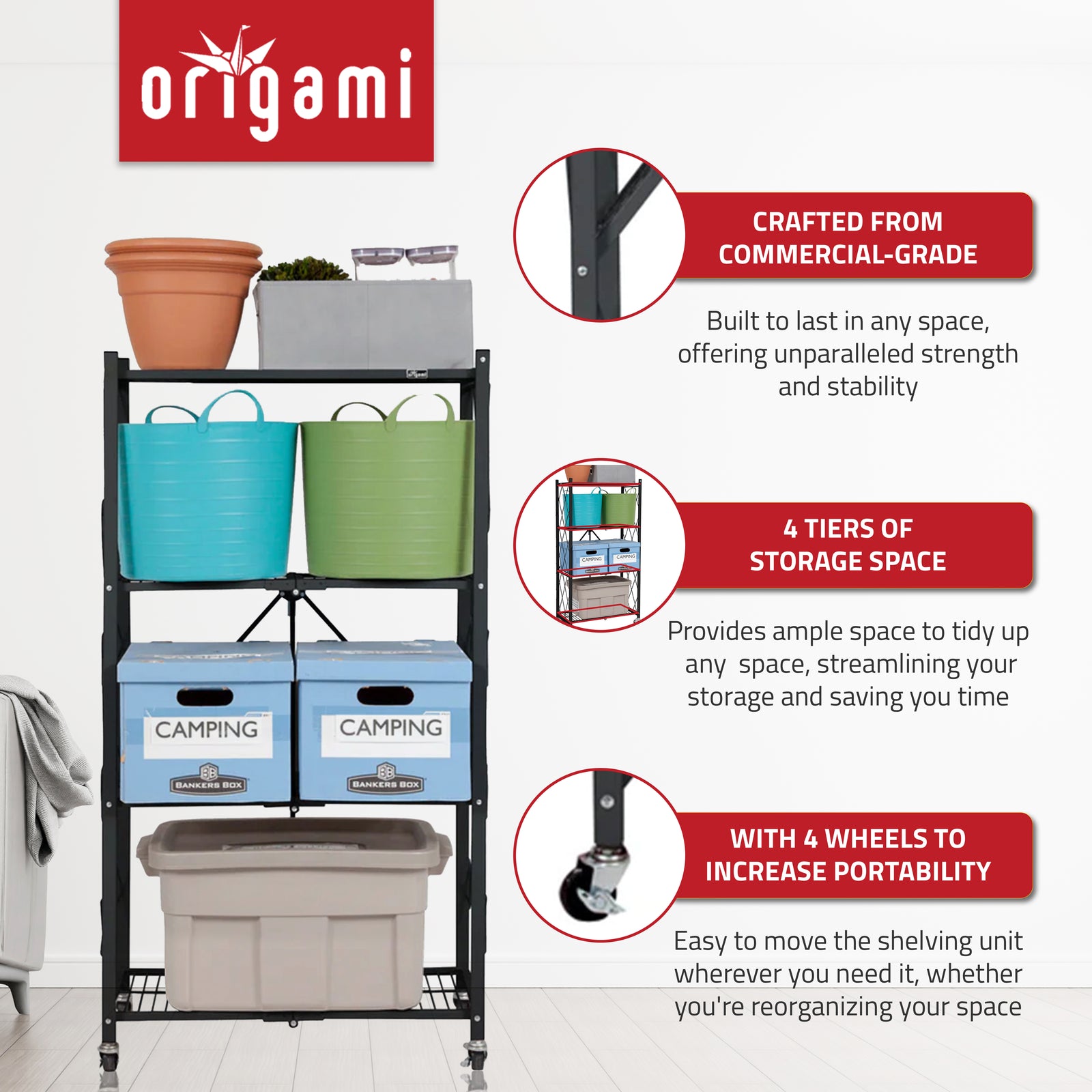 Origami 4 Tier Shelf Garage Shelves Heavy Duty Shelving w/Wheels (Open Box) - VMInnovations