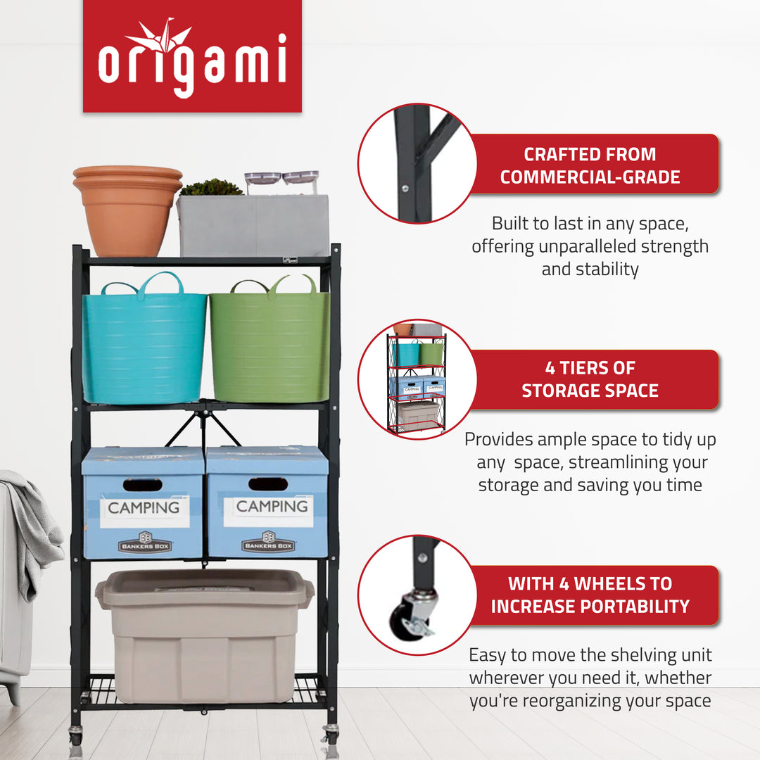 Origami 4 Pack 4 Tier Folding Garage Shelves Heavy Duty Shelving with Wheels - VMInnovations