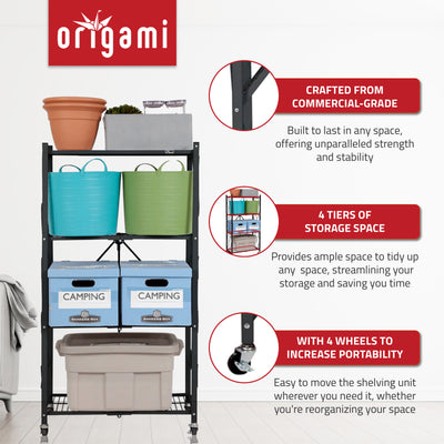 Origami 4 Pack 4 Tier Folding Garage Shelves Heavy Duty Shelving with Wheels - VMInnovations