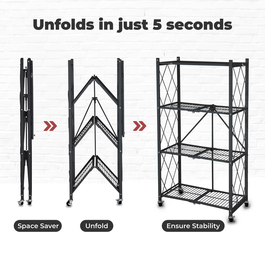 Origami 4 Tier Folding Storage Garage Shelving Unit Rolling Rack, 2 Pack, Black