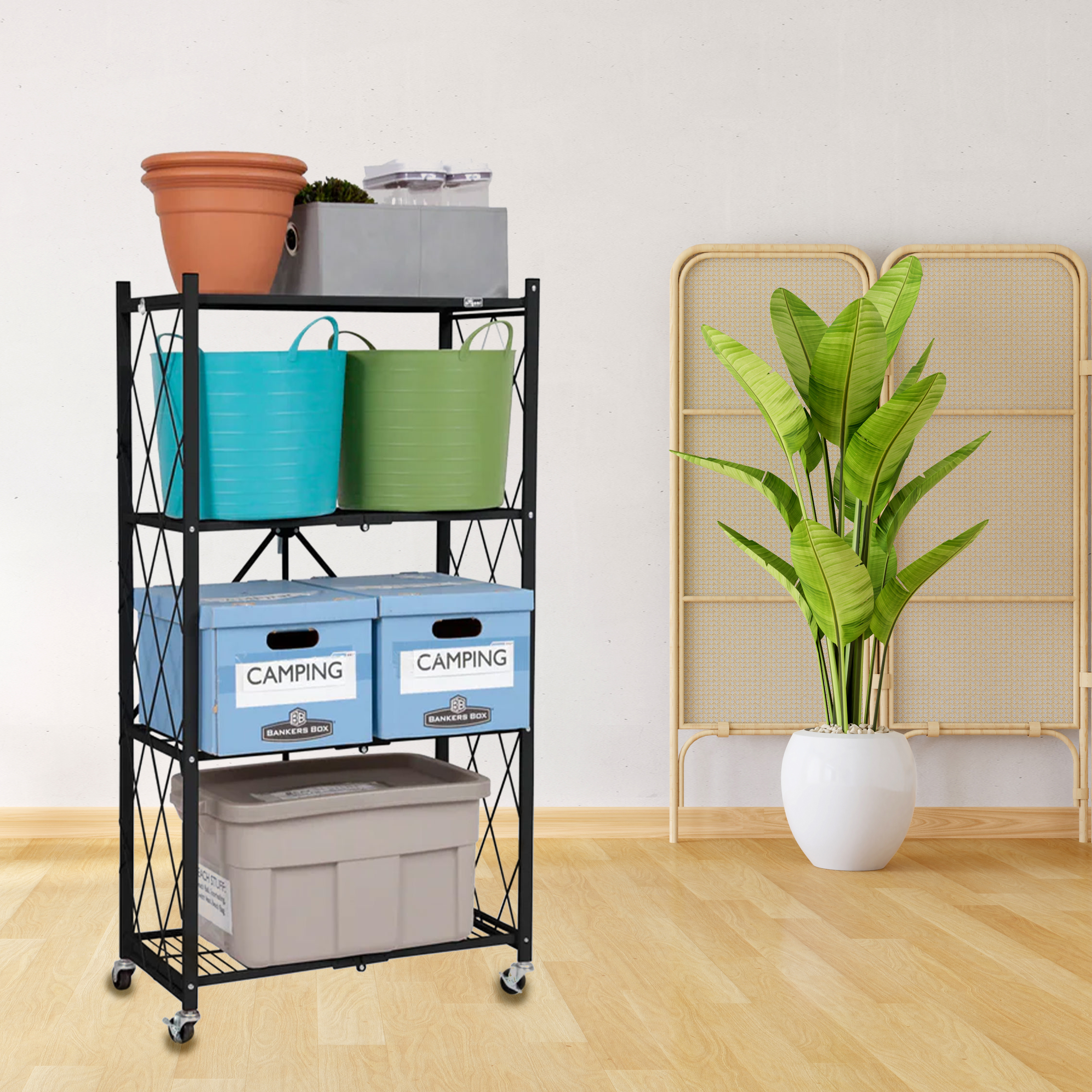 Origami 4 Tier Folding Shelf Garage Shelves Heavy Duty w/Wheels (For Parts)