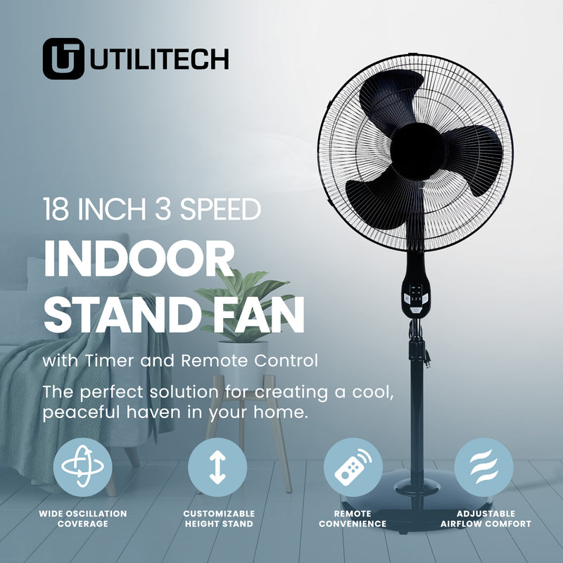 Utilitech 18 Inch 3 Speed Indoor Stand Fan with Timer and Remote Control, Black