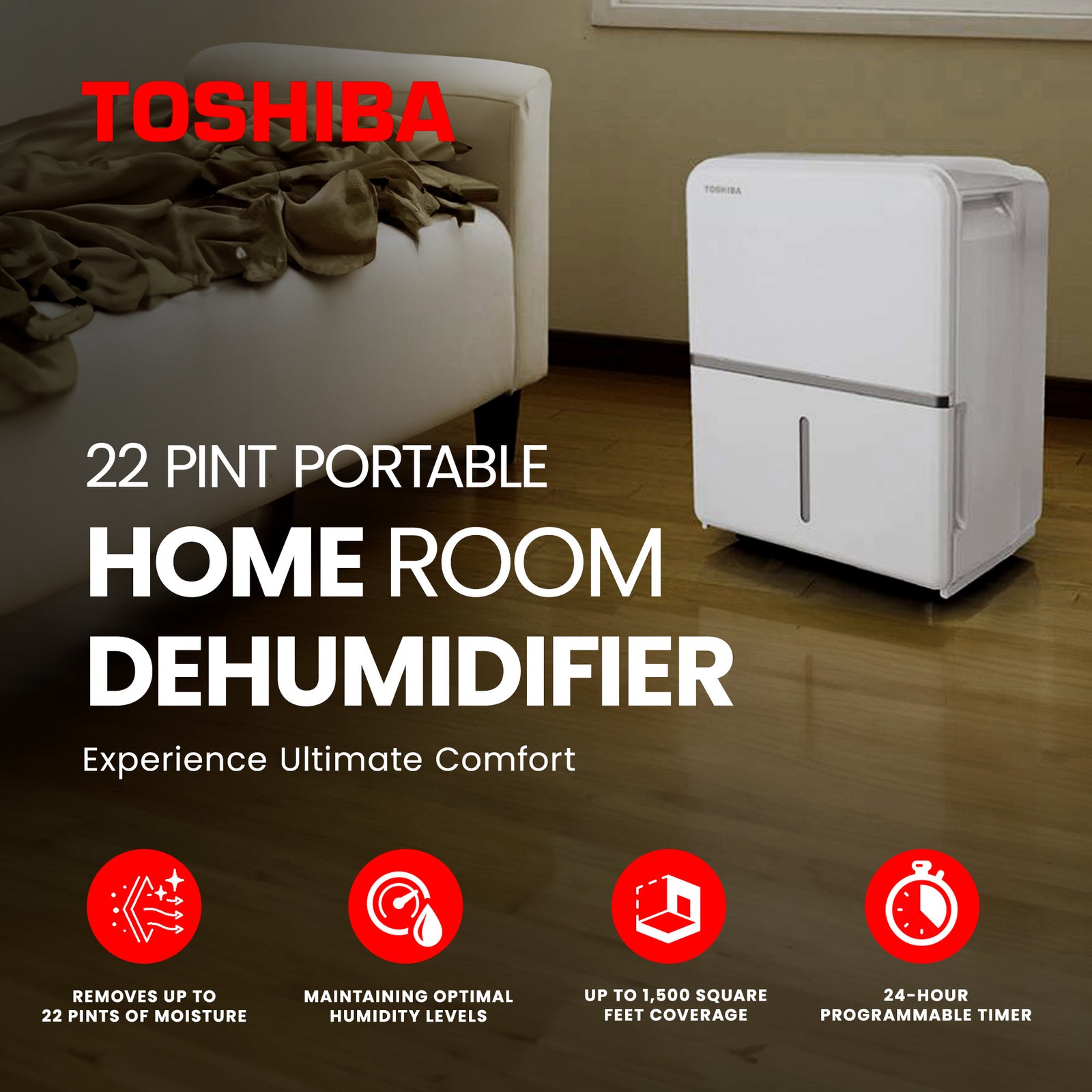 Toshiba 22 Pint Portable Home Room Dehumidifier, White (Certified Refurbished) - VMInnovations
