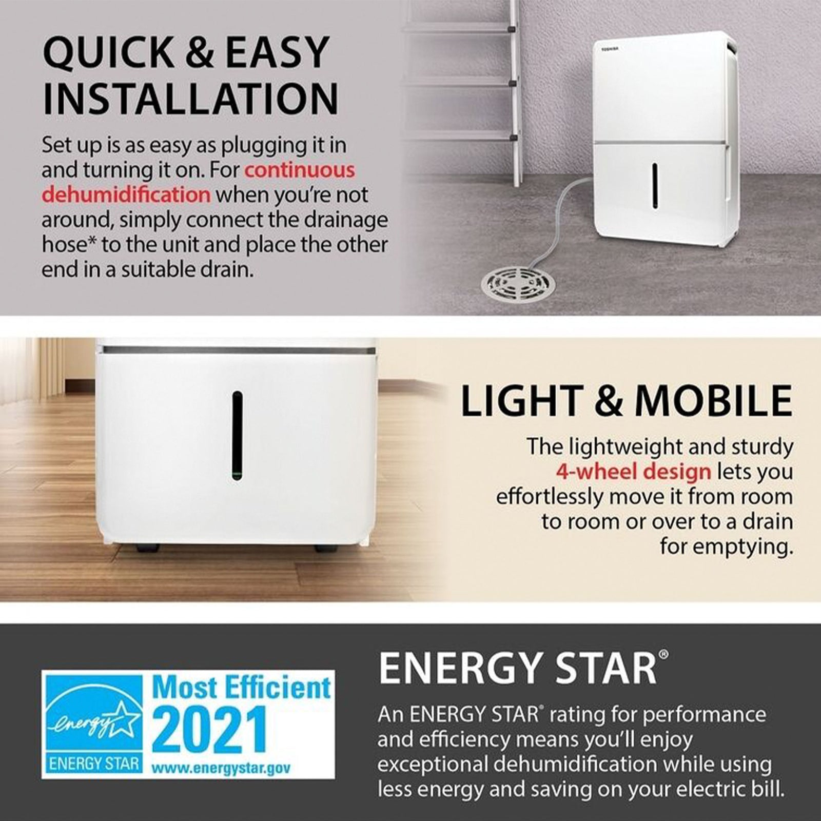 Toshiba 35 Pint Portable Home Room Dehumidifier, White (Certified Refurbished) - VMInnovations