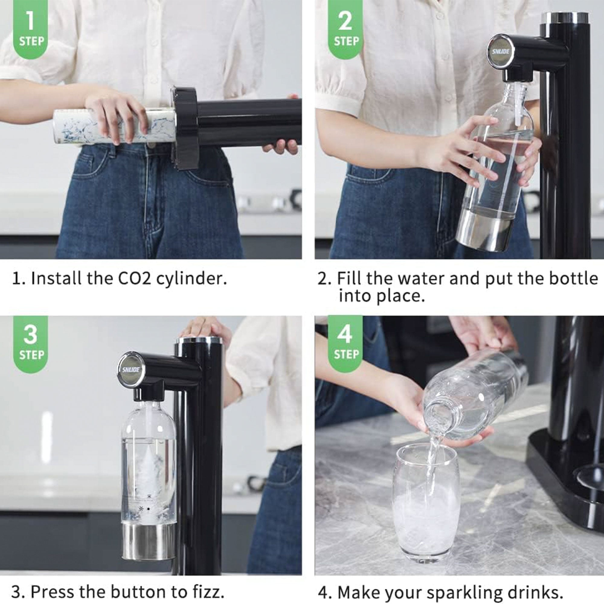 SNLIDE Soda Maker Soda Water Machine w/1,000ML Bottle & DIY Stickers(Open Box) - VMInnovations